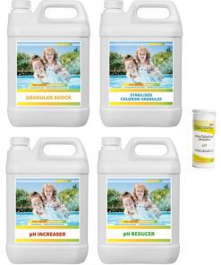 Pool Water Kit | 5Kg Chlorine Granules, Ph+, Ph-, Shock Granules, 50X Test Kit