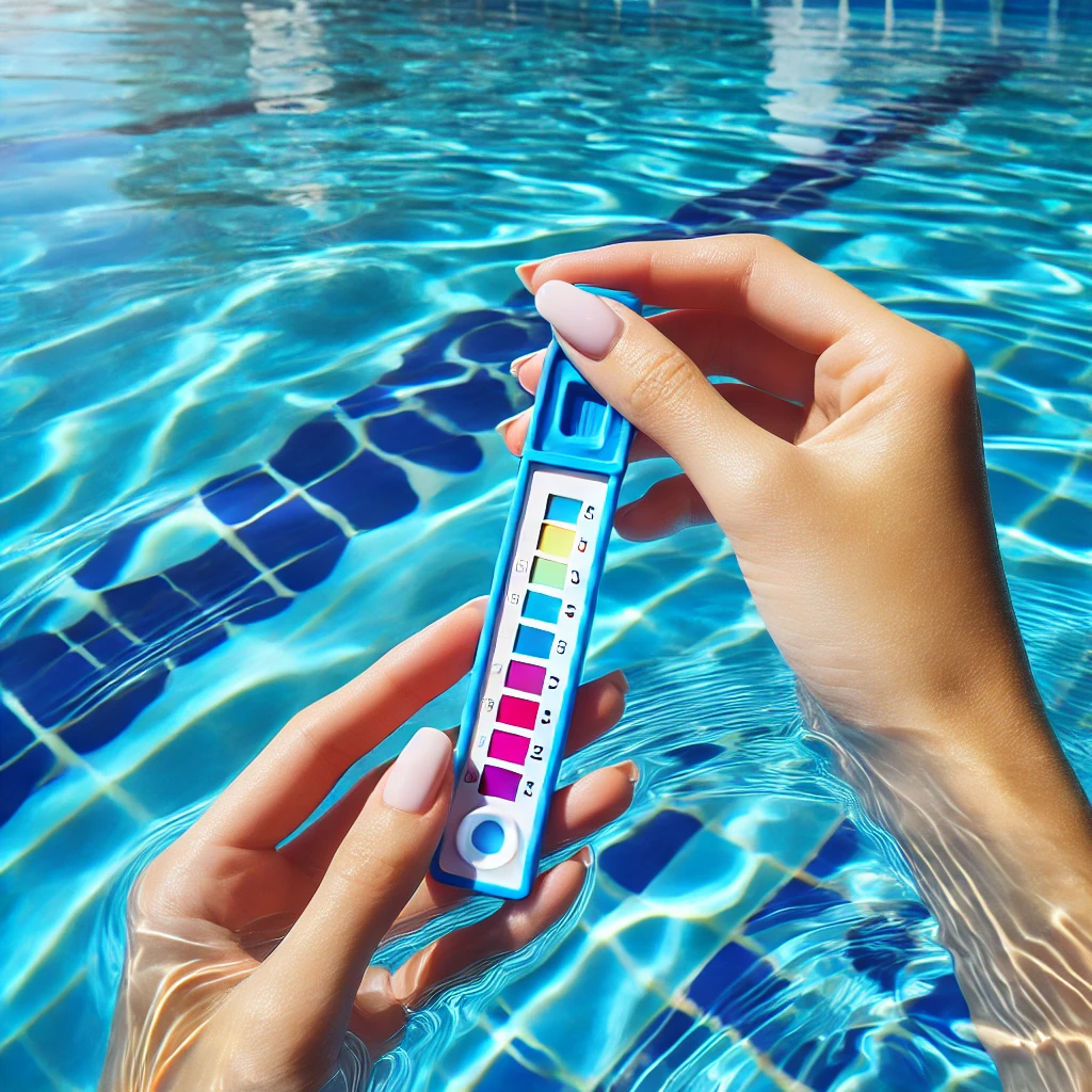 DALL·E 2024-10-14 16.18.38 – A clear blue swimming pool with a person testing the water using a test strip. The test strip is held close to the surface of the pool water, and the