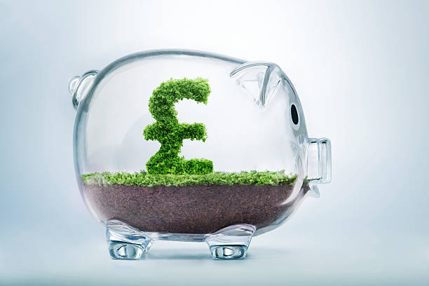 Piggy bank savings concept with grass growing in shape of British Pound