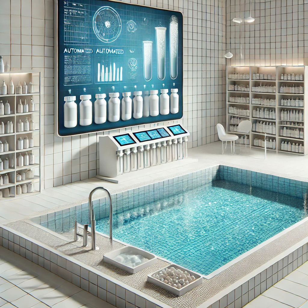 DALL·E 2025-01-19 19.04.42 – A clean and modern spa pool design featuring an automated dosing system on display, surrounded by pristine tiles and organized equipment, perfect for