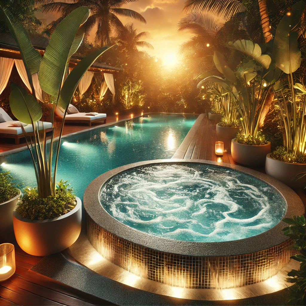 DALL·E 2025-01-19 19.04.47 – A luxurious outdoor spa pool at sunset surrounded by tropical plants and glowing ambient lighting, highlighting relaxation and elegance, perfect for a