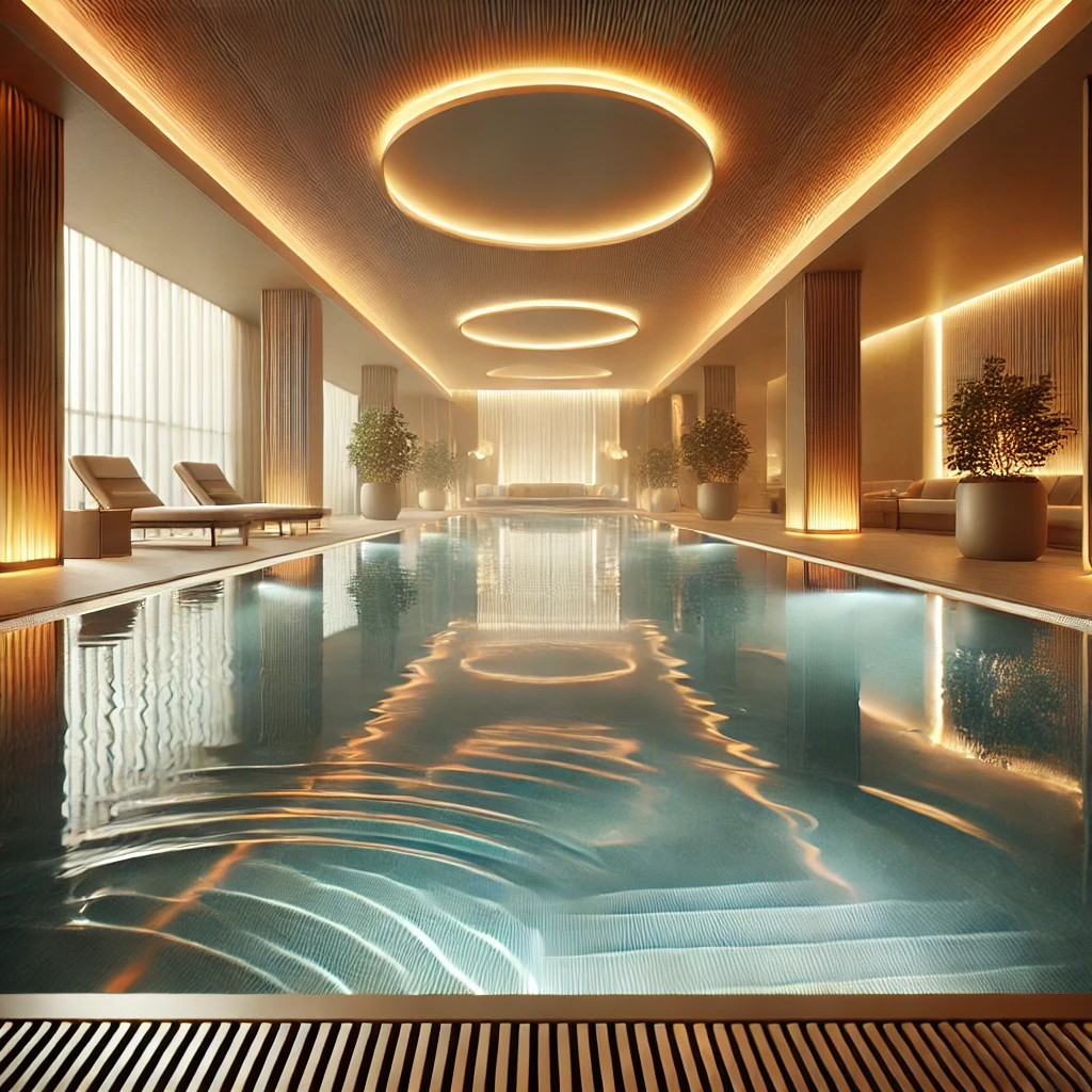 DALL·E 2025-01-19 19.04.49 – An elegant indoor spa pool with clean lines and warm lighting, featuring water ripples and a modern design, ideal for a blog about spa pool maintenanc