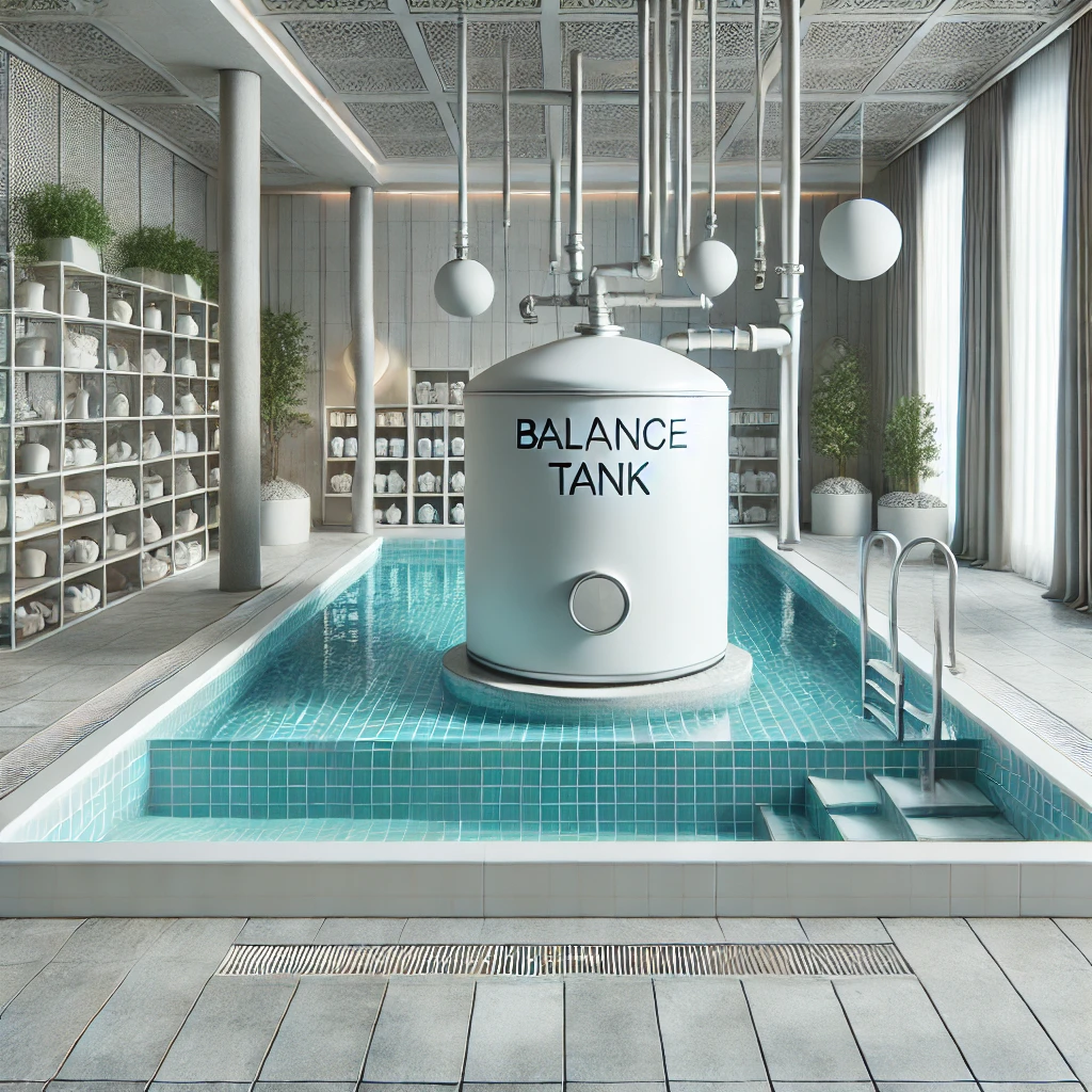 DALL·E 2025-01-19 19.04.51 – A pristine spa pool environment with a balance tank subtly integrated into the system, surrounded by modern decor and clean tiles, perfect for a blog