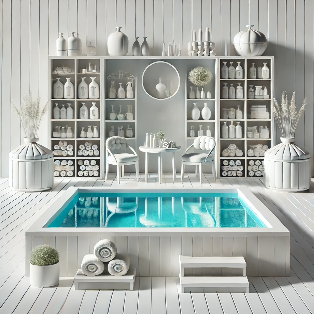 DALL·E 2025-01-19 19.04.52 – A bright and clean spa pool with organized chemical storage shelves nearby, surrounded by minimalistic decor, perfect for a blog about chemical safety