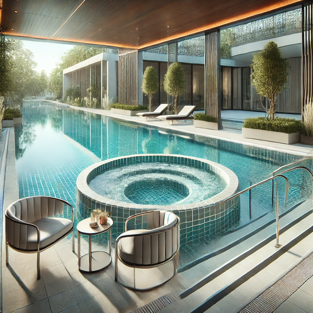 DALL·E 2025-01-19 19.04.54 – A luxurious spa pool with crystal clear water surrounded by modern railings and safe non-slip flooring, perfect for a blog about spa pool safety for f